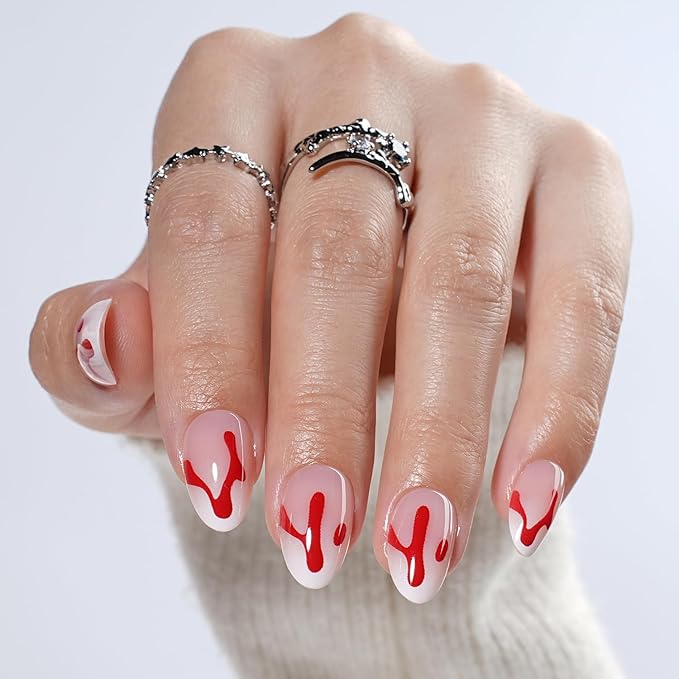 Press On Nails Short Almond Horror Fake Nails with Horror Design, Glue On Nails Reusable Stick On Nails in 16 Sizes, 32pcs False Nail Kit for Women & Girls