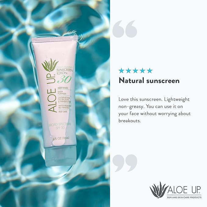 Aloe Up White Collection Sunscreen Lotion SPF 30 - Broad Spectrum UVA/UVB Sunblock for Face and Body - With Aloe Vera Gel - Alcohol-Free - Reef-Friendly - Coco-Mango Fragrance - 4 Oz