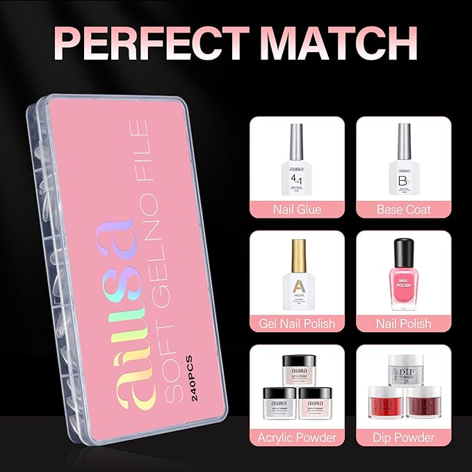 AILLSA Short Almond Nail Tips - Thickened Pre-shaped False Nail Tips Short Almond Shaped Half Matte Nails Tips, Fake Nails Extension 240pcs 15 Sizes with Storage Box