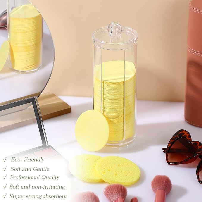 Sieral 120pcs Compressed Facial Sponges Disposable Natural Face Sponges Round Soft Pads with Container for Washing Face Cleansing Exfoliating Esthetician Makeup Removal Travel(Lemon Yellow)