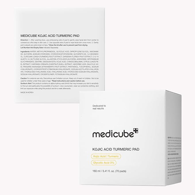 medicube Kojic Acid Turmeric Clarifying Toner Pad for Troubled Skin & Use After Spot Care, Soothing & Calming with Kojic Acid, Turmeric, Niacinamide & Glycolic Acid, Korean Skin Care, 70 Pads, 1 Pack