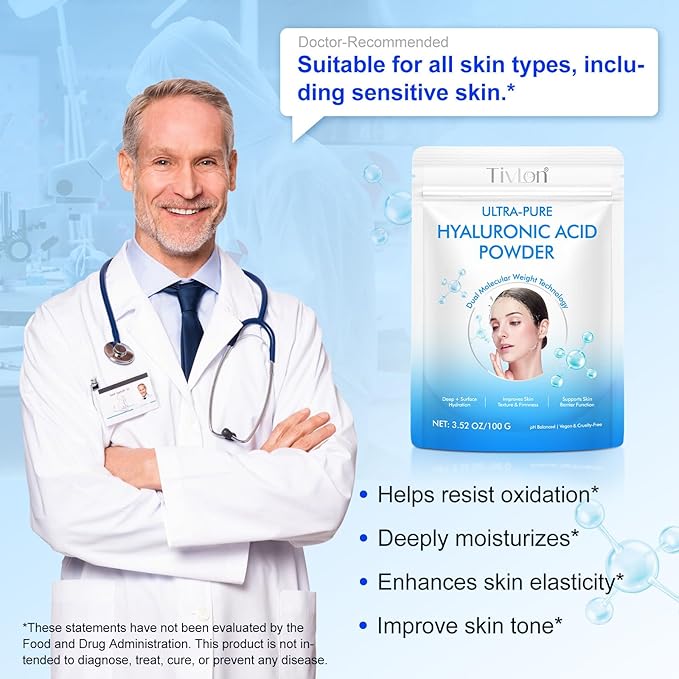 Pure Hyaluronic Acid Powder for Skin & Face, Dual Molecular Weight Organic Hyaluronic Acid Powder DIY Serum for Deep Hydration, Anti-Aging, Improves Skin Texture & Firmness | Vegan-friendly, 100g