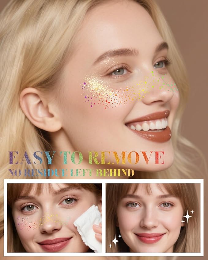 Glitter Freckles, Holographic Multichrome Freckles Temporary Face Tattoos, Body Face Glitter for Women Girls, Country Concerts Singer Festival Rave Accessories (iridescent - 10 pcs)