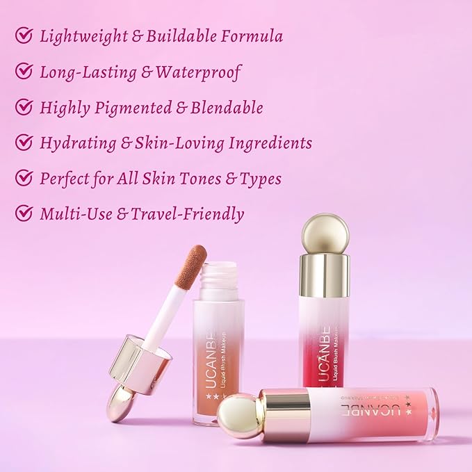 UCANBE 3PCS Liquid Blush Set – Dewy Cream Blush Makeup for Cheeks – Lightweight Long Lasting Blendable Buildable Formula for Natural Flush(Berry Smooch, Bronze Rose, Peach Pink)