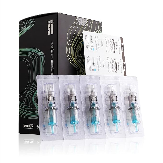 STIGMA Aquamarine Knight Bugpin Tattoo Cartridges Assorted 50pcs (1003RL 1005RL 1007RL OF1007RM OF1009RM) Tattoo Cartridge Needles Round Liner/Round Magnum 0.3mm RL+RM EN02B-50KIT-Z