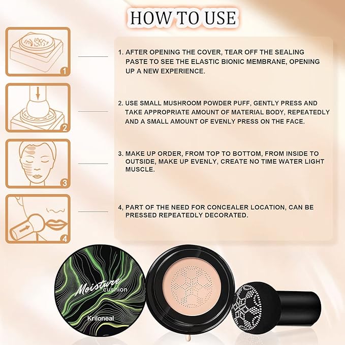 CC Cream Foundation Mushroom Head Air Cushion Face Makeup Moisturizing Concealer Waterproof Oil Control Long-Lasting Nude Makeup Even Skin Tone for All Skin Types (Nature)