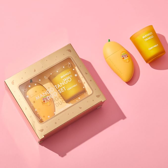 TONYMOLY Mango Tango Duo Gift Set – Nourishing Mango Hand Butter with Shea Butter & Oils + Mango Scented Candle, Hydrating & Soothing Holiday Gift for Soft Hands 2pc Gift Wrapped Set