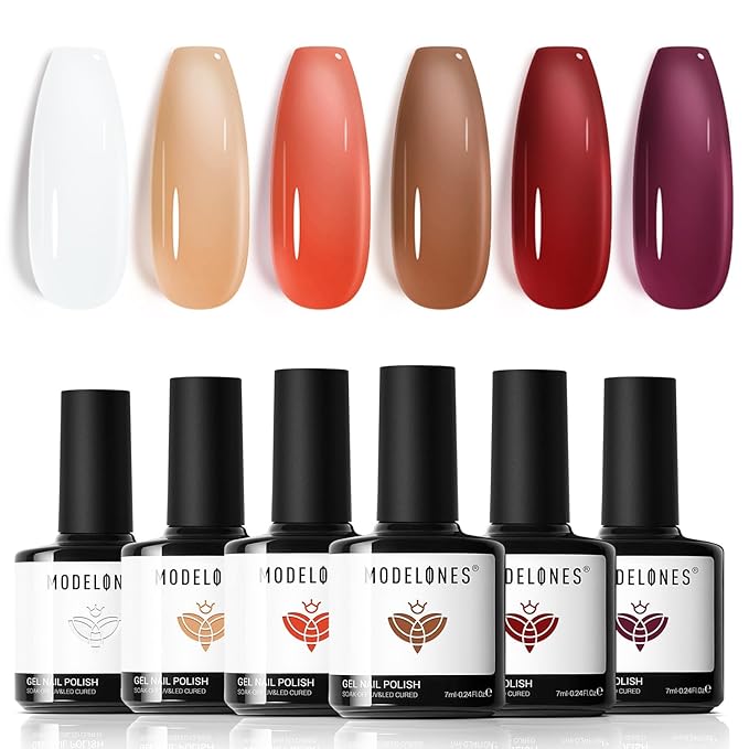 modelones Gel Nail Polish Set, 6 Fall Colors White Nude Brown Orange Jelly Gel Polish Tortoise Burgundy Wine Red Neutral Translucent Nail Art Gel Soak Off LED Lamp Manicure Salon DIY Girl Women Gift