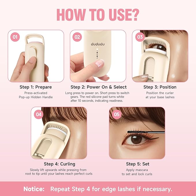 DUDUDU Heated Eyelash Curler, Portable Travel-Size Mini Electric Heated Lash Curler - 2-Level Adjustable Temp & Type-C Recharge, 10S Heat 3S Style 24H Lift for Long-Lasting Natural Effortless Curves