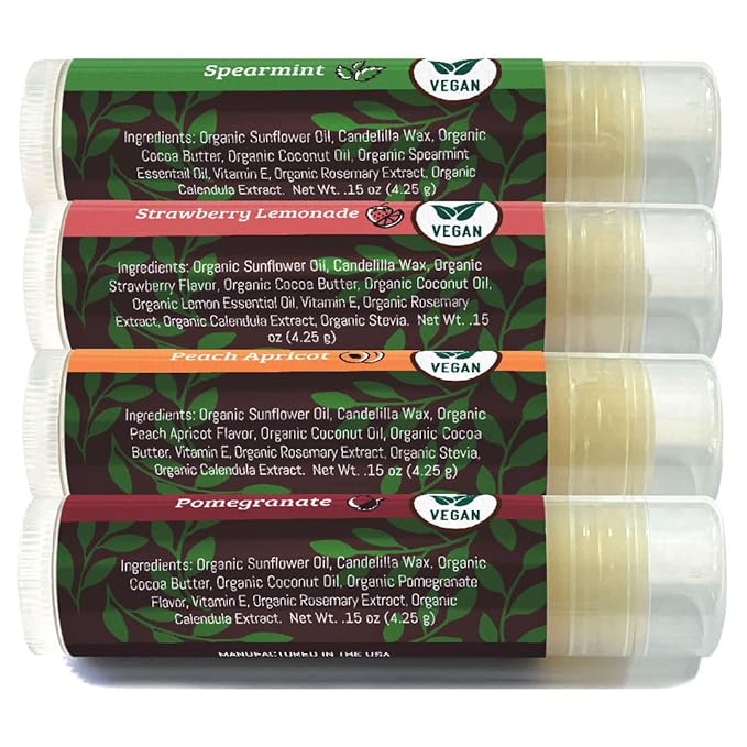 Earth's Daughter Vegan Lip Balm Stocking Stuffers 4-pack, Beeswax Free Lip Balm, Natural, Organic Flavors - Assorted Flavors, Plant Based Vegan Chapstick, Moisturizer