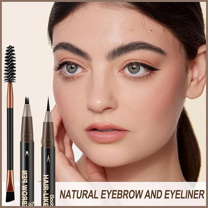 Boobeen 3pcs Waterproof Eyebrow Pen,Dual-Ended Eyeliner Microblading Eyebrow Pencil for Women,Long Lasting Hair-Like Brow Pen with Brow Brush,Dark Brown