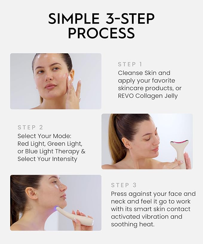 REVO Genie | 3-in-1 Face & Neck Beauty Massager with Heat, 3 Light Therapies, Smart Vibration | Powerful Red Light, Blue Light, and Green Light Therapy for Wrinkles, Hyperpigmentation, Acne & More