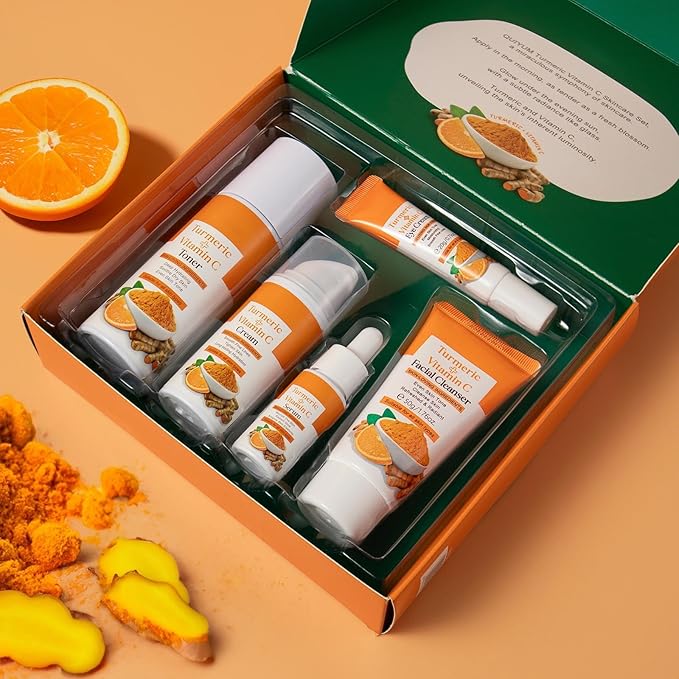 Skin Care Set, Turmeric Skincare Set for Acne Treament, Facial Turmeric Skin Care Sets & Kits for Teenage Girls with Turmeric Cleanser,Serum,Cream,Toner,Eye Cream, Facial Beauty Skincare Gifts