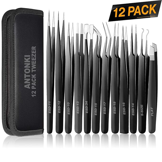 Antonki 12 Pack Precision Tweezers Set for Craft, Soldering, Jewelry, Facial Hair, Eyebrow, Ingrown Hair Removal, Eyelash Extension- with Case