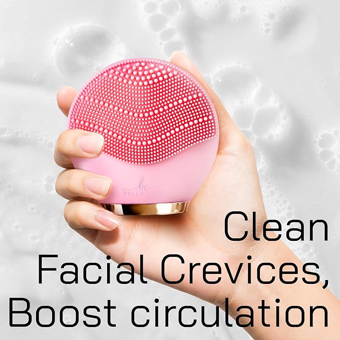 Bella Ciao Travel Silicone Facial Cleansing Brush, Face Exfoliator and Massager, Cordless Pore Scrubber with Soft Bristles, Double-Sided Design, IPX5 Water Resistance, Battery Not Included, Pink