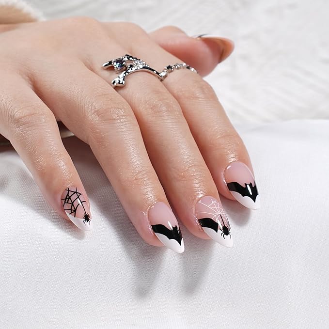 Halloween Press on Nails - French Tip Press on Nail with Blakc Web Bat, Short Almond Fake Nails Reusable Nails Press ons, 32 Pieces in 16 Sizes False Nails Kit with Glue, Grave Whisper