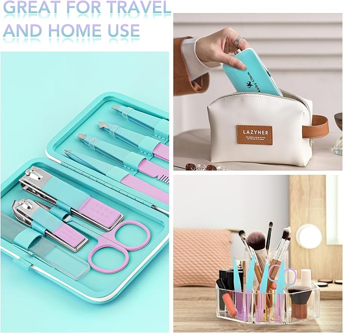 Tweezers Set and Nail Clippers 8Pcs Precision No Gaps Eyebrow Tweezer Kit for Facial Hair Men & Women Travel Tweezers with Leather Case (Violet/Cyan)