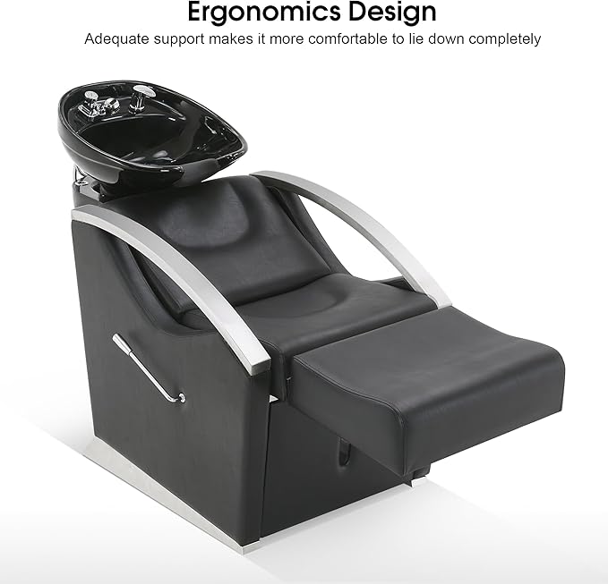 BarberPub Backwash Shampoo Station Chair Unit with Leg Rest, Adjustable Ceramic Shampoo Bowl Sink and Chair Set for Home Salon, Barbershop 9077 (Black)