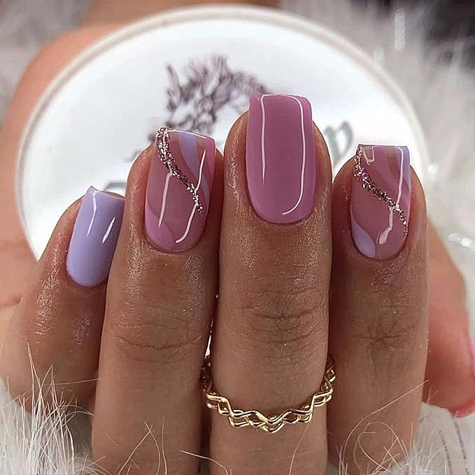 Medium Press on Nails Square Shape Plum Fake Nails with Design False Nails Glue on Nails for Women 24pcs