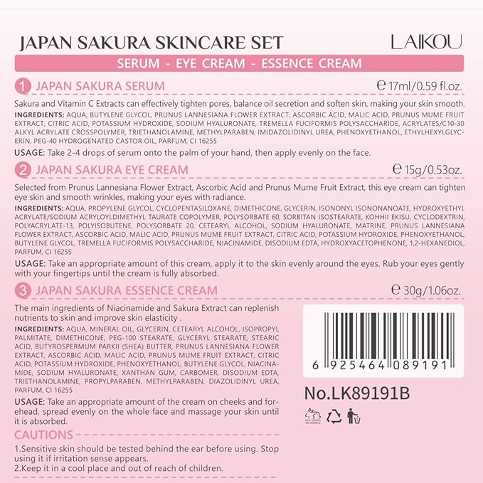 LAIKOU Skin Care Set JAPAN SAKURA Beauty Gift Sets Skin Care Kit with Serum, Eye Cream, Face Cream Travel Kit for Women Wife Mom Teen Girls TSA-friendly Sizes Christmas Gift 3pcs