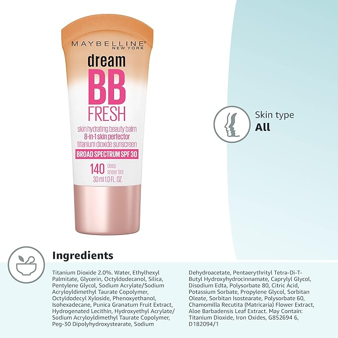 Maybelline Dream Fresh Skin Hydrating BB Cream, 8-in-1 Skin Perfecting Beauty Balm With Broad Spectrum Spf 30, Sheer Tint Coverage, Oil-Free, Deep, 1 Fl Oz
