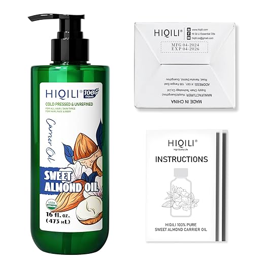 HIQILI Sweet Almond Oil for Skin, Hair, Body, 100% Pure Organic Carrier Oil for Essential Oils Mixing, Hexane Free, Unscented - 16 Fl Oz
