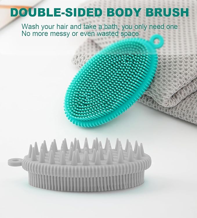 Silicone Body Scrubber Brush, 2in1 for Exfoliating Wet or Dry Skin Body Wash Bath Shower Tool, with Super Soft Manual Facial Cleansing Brush Scrubber (Grey)