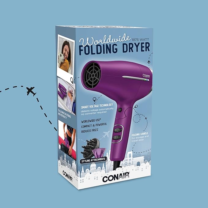 Conair Hair Dryer, Worldwide Travel Hair Dryer with Smart Voltage Technology and Folding Handle, Includes Diffuser and Concentrator, Purple