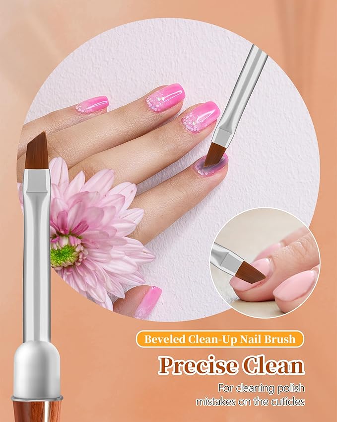 3PCS Nail Art Clean Up Brushes, Round/Angled/flat Acetone Resistant Gel Nail Polish Remover Brush, Nail Brushes for Tidying Up Polish Mishaps on Cuticles, and Nail Art Designs(Wood color)