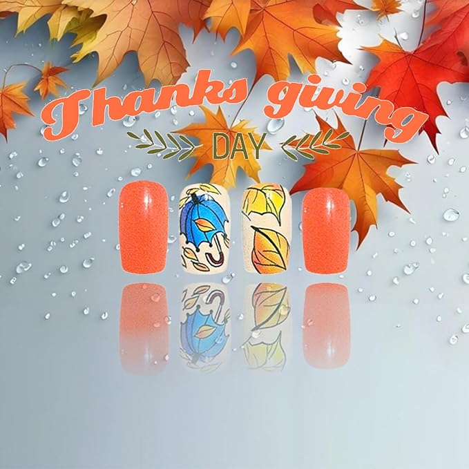 24Pcs Glossy Blue Umbrella Acrylic Fake Nail Maple Leaf Press on Nails Thanksgiving Medium Square False Nails Fall Leaves Stick on Fingernails Autumn Gel Glue on Nail for Coquette Women Girls