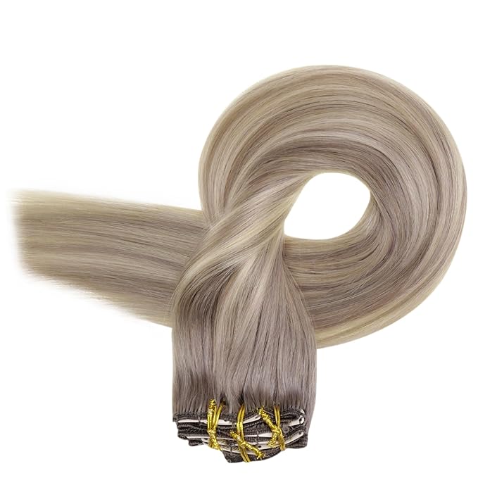 Full Shine Grey Clip in Human Hair Extensions 22 Inch Grey Mix Blonde Remy Natural Hair Extensions Straight Double Weft Hair Clip in Extensions 7 Pcs 120 G