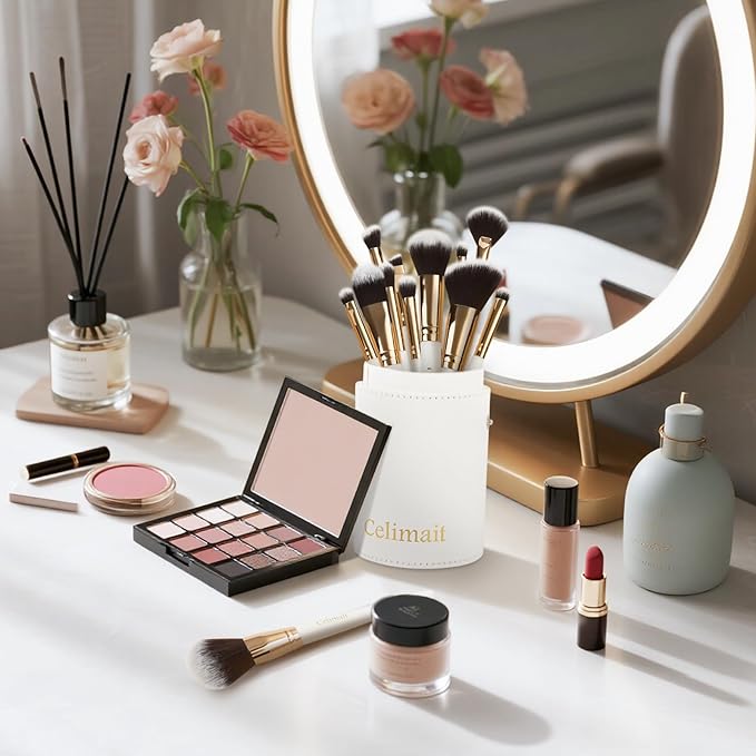 Makeup Brushes Set 12 Piece Professional & Beginner Friendly, Soft Synthetic Bristles for Face Eyeshadow Blending, Easy to Clean Travel Ready with Case, Ergonomic Wooden Handle (Dark White)