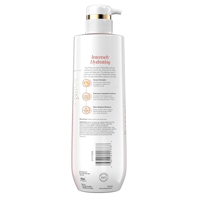 Olay Body Wash for Women, Intensely Hydrating, Pro-Hyaluronic Acid Serum Complex, Renews Moisture, Vitamin B3 Lameller Technology, For All Skin Types, Watermelon Summer Fizz Scent, 20 fl oz