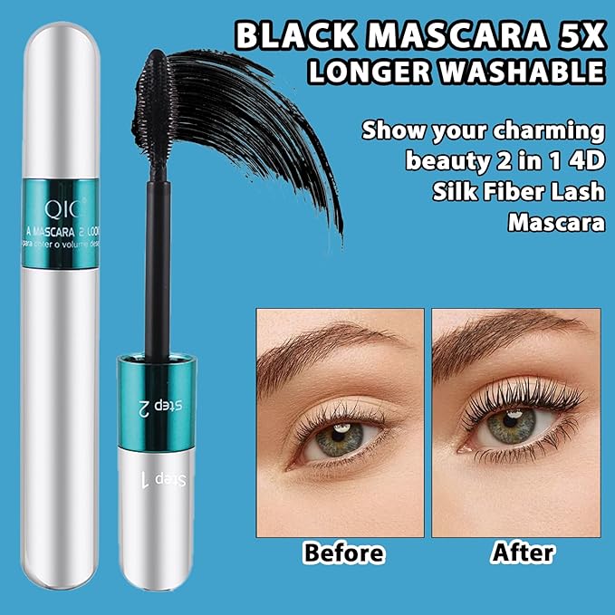 2 Pack 2 in 1 QIC Mascara, 5x Longer Washable Black Mascara, 4D Silk Fiber Lash 2 Step Mascara, No Clumping, Long-lasting Waterproof Mascara, Lash Cosmetics Beauty Eye Make up