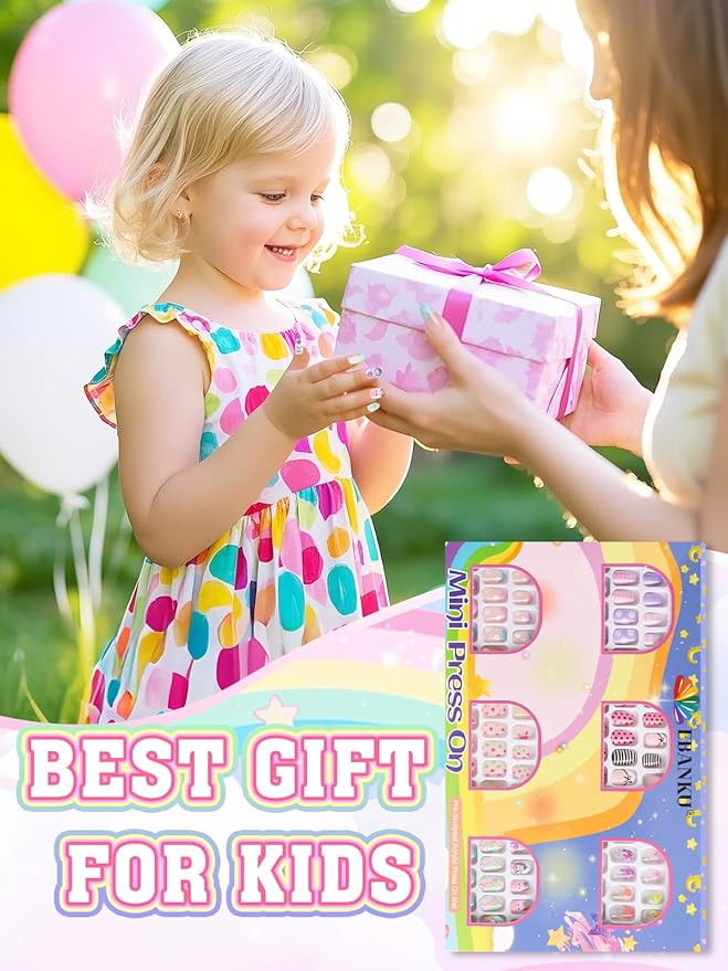 144 Pieces Press on Nails for Kids, EBANKU 6 Pack Kid Fake Nail Cute Colorful Press on Nails for Girls 7-12 Years with Pre- Adhesives