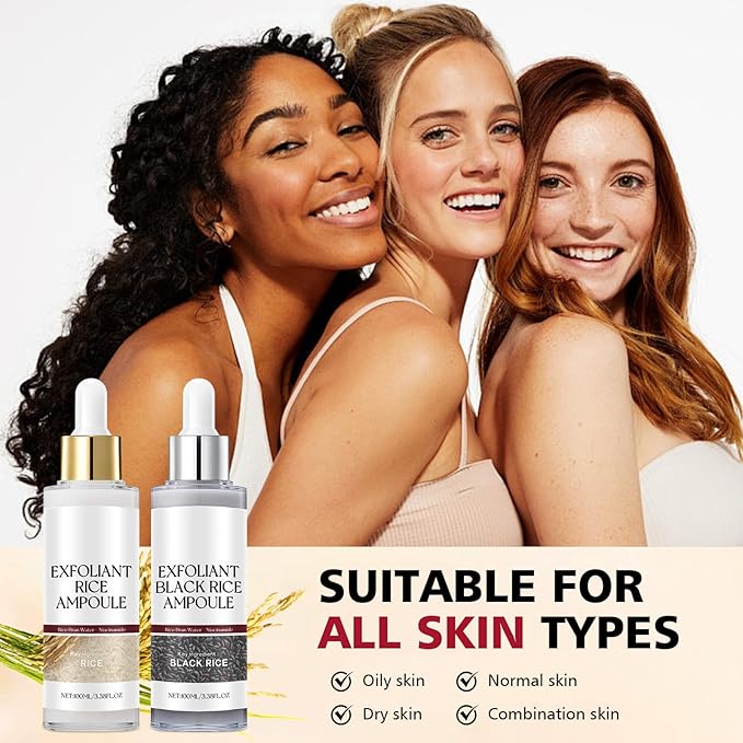 2PCS Rice Exfoliating Ampoule Set – Black & White Rice Brightening Duo for Glowing Skin | Gentle Peel + Pore Minimizing & Deep Hydration