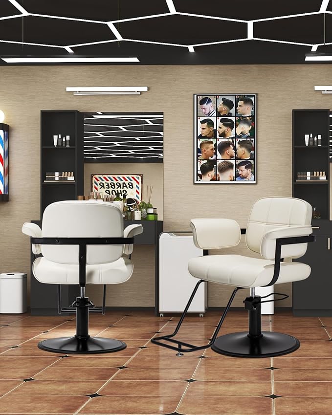 Barber Salon Chair, Extra Wide Hair Styling Chair with Heavy Duty Hydraulic Pump, 360° Swivel Height Adjustable Braiding Design, Luxury Beauty Salon and Barbershop Equipment, Ivory