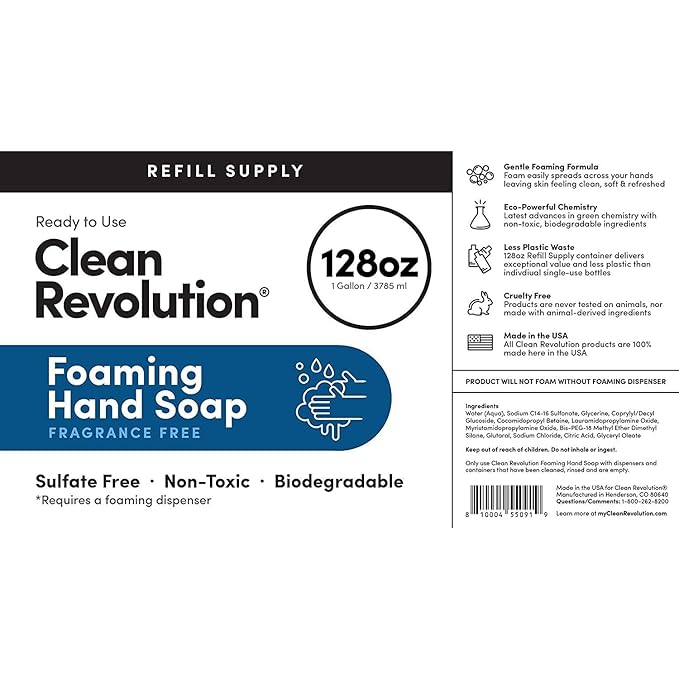 Clean Revolution Foaming Hand Soap Refill Supply Container, Ready to Use Formula, Gluten Free, Unscented and Fragrance Free, 128 Fl. Oz, 4 Pack