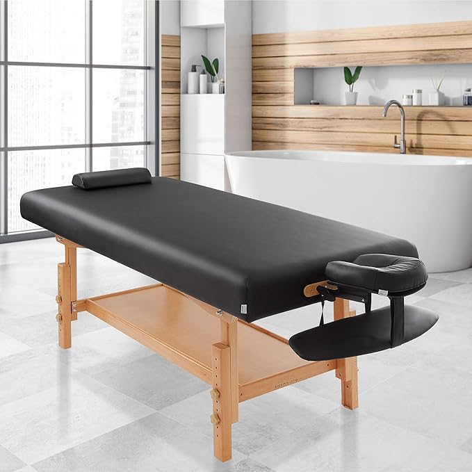 Saloniture Professional Stationary Massage Table - Includes Shelf, Headrest, Face Cradle and Bolster - Black