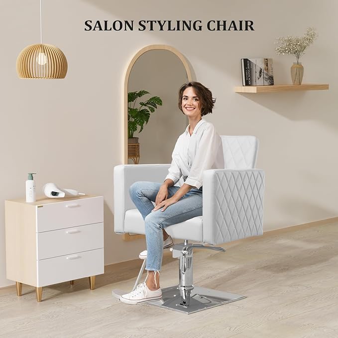 Salon Chair for Hair Stylist Wide Seat, Hydraulic Barber Chair with Aluminium Alloy Footrest, White Hair Salon Chair Styling Heavy Duty, Beauty Spa Cosmetology Shampoo Hairdressing Equipment