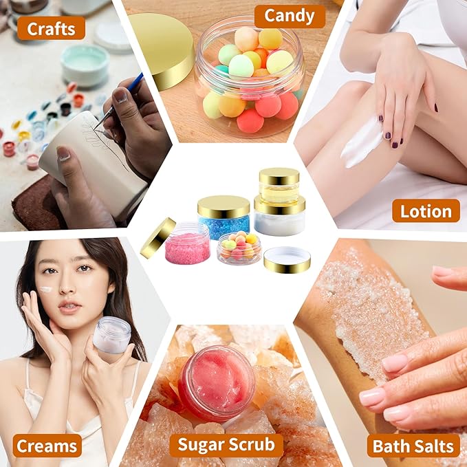 24 Pack 8 Oz Plastic Containers with Gold Lids, Clear Empty BPA Free and Refillable Cosmetic Jars Travel Containers for Creams, Lotion, Bath Salts, Sugar Scrub, Slime, Lip Scrub, Makeup