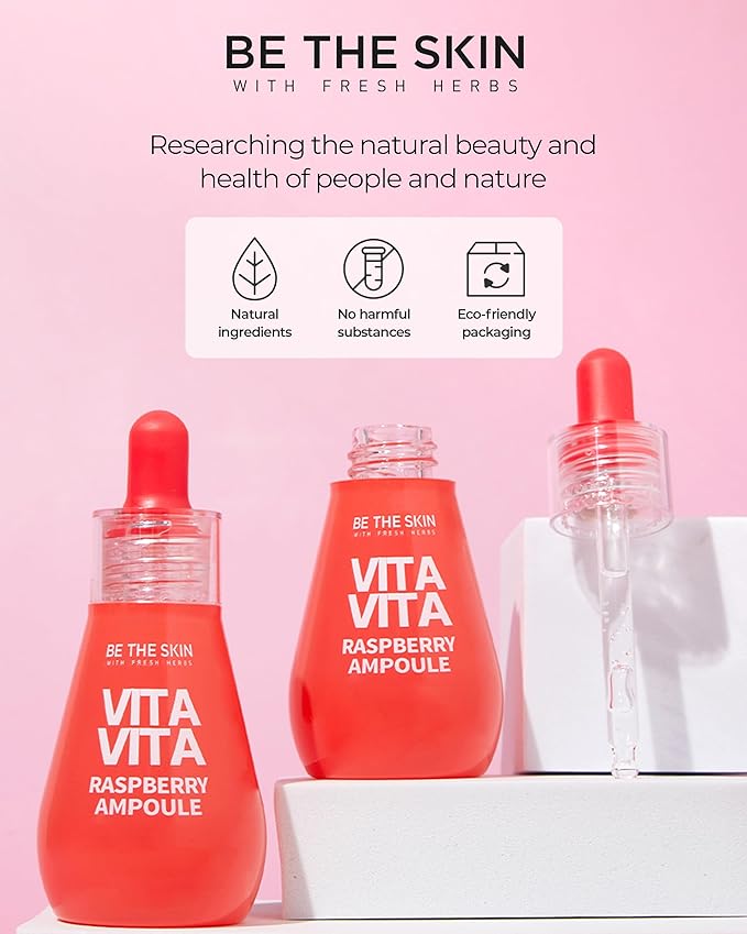 BE THE SKIN Vitavita Raspberry Ampoule - Radiance Boosting Face Serum for Even Skin Tone and Enhanced Elasticity with Niacinamide, Vitamin C, 11 Peptides, 1.01 fl.oz.