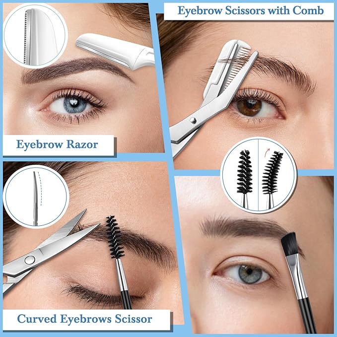 TsMADDTs Tweezers for Women Facial Hair, 8 in 1 Eyebrow Kit with Tweezers, Scissors, Razor, Brush with Travel Bag, Eyebrow Shaping Kit