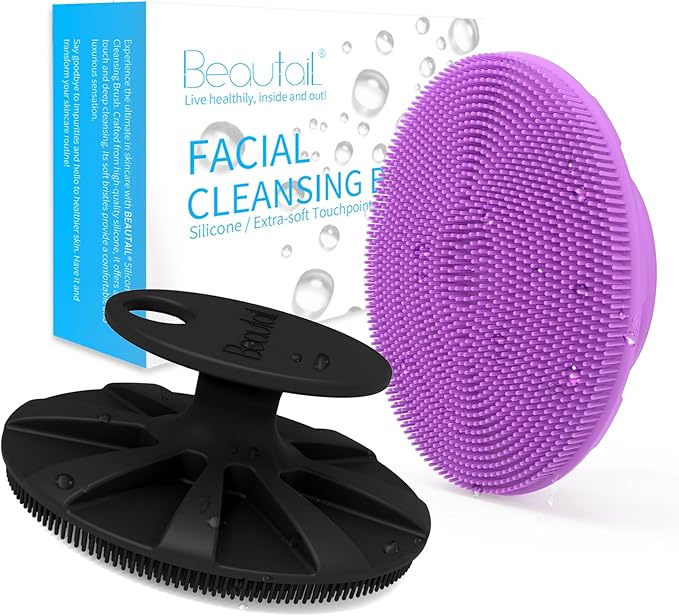 Silicone Face Scrubber 2 Pack, Manual Facial Cleansing Brush, Gentle Face Exfoliator for Sensitive Skin, Skin Care Exfoliating Face Brush for Men and Women, Black+Purple