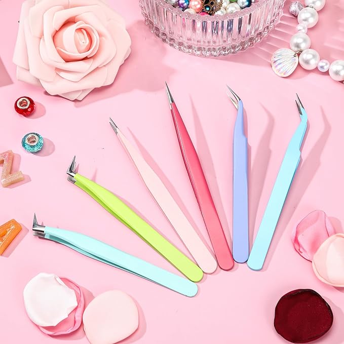 High Precision Lash Tweezers Set 6 Pack Stainless Steel Eyelash Extension Tweezers for Classic, Volume, Mega Volume Lashes, Facial Hair, Eyebrow, Hair Removal, Crafting Making(Colored)