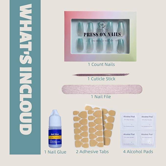 Press on Nails – 30PCS Medium Coffin Cat Eye Fake Nails with 12 Sizes – Gradient Blue Green Glossy Nails for Women – Reusable Glue-On Nails for All Occasions