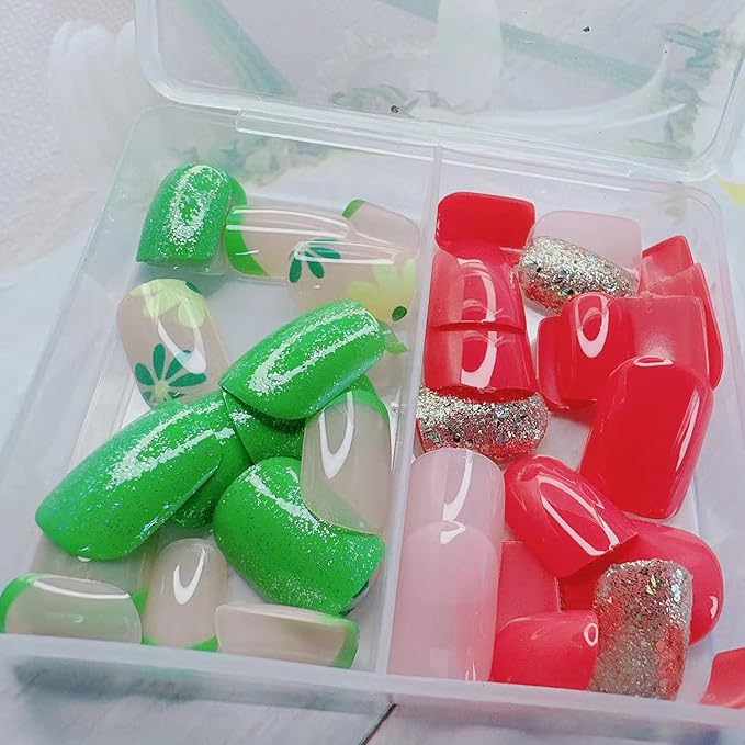 48Pcs Short Press on Nails Square Fake Nails with Sparkling Glitter Floral Design Green Pink French Tip Press ons Kit Flower Stick on Nails Spring Summer Nail Art Decorations for Women Daily Wear