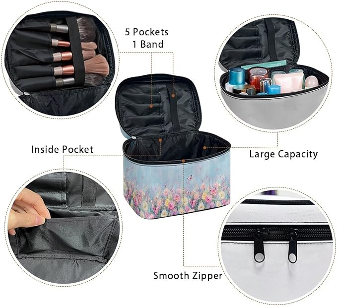 Butterfly Vibrant Rose Floral Print Travel Makeup Bags for Women Portable Tote Cosmetic Case with Carry Handle Toiletry Accessories Storage Organizer Bags