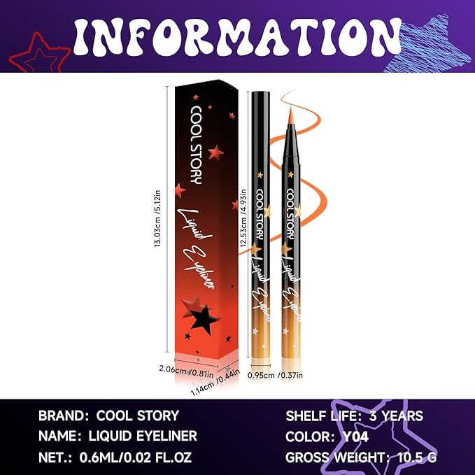 COOL STORY Liquid Eyeliner Waterproof Smudge Proof Eye Liner, 24H Long-Lasting, 0.6ml/0.02 fl.oz (Orange Red)