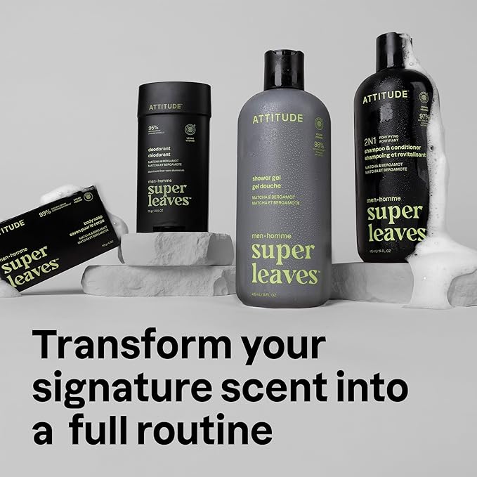 ATTITUDE Shower Gel Body Wash for Men, 98% Natural Origin Ingredients, Paraben & Phthalate Free, EWG Verified, Cleanses Without Drying, Matcha & Bergamot, 14 Fl Oz